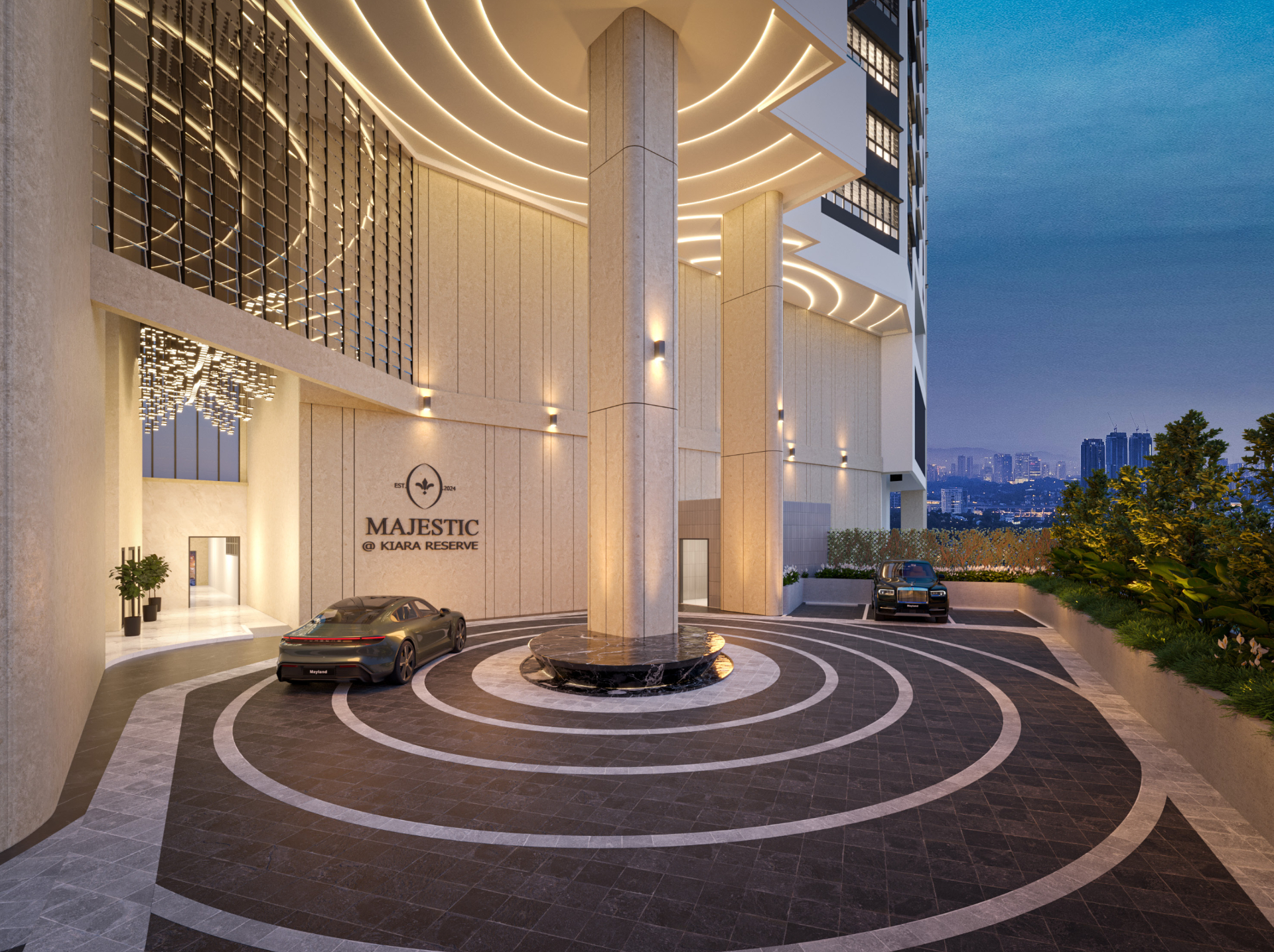 Majestic Kiara Reserve grand arrival lobby at dusk